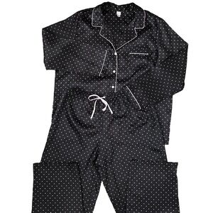 PINK 2 Piece Pajama Set Womens XL Black Satin Polka Dot Button Up Top & Pants